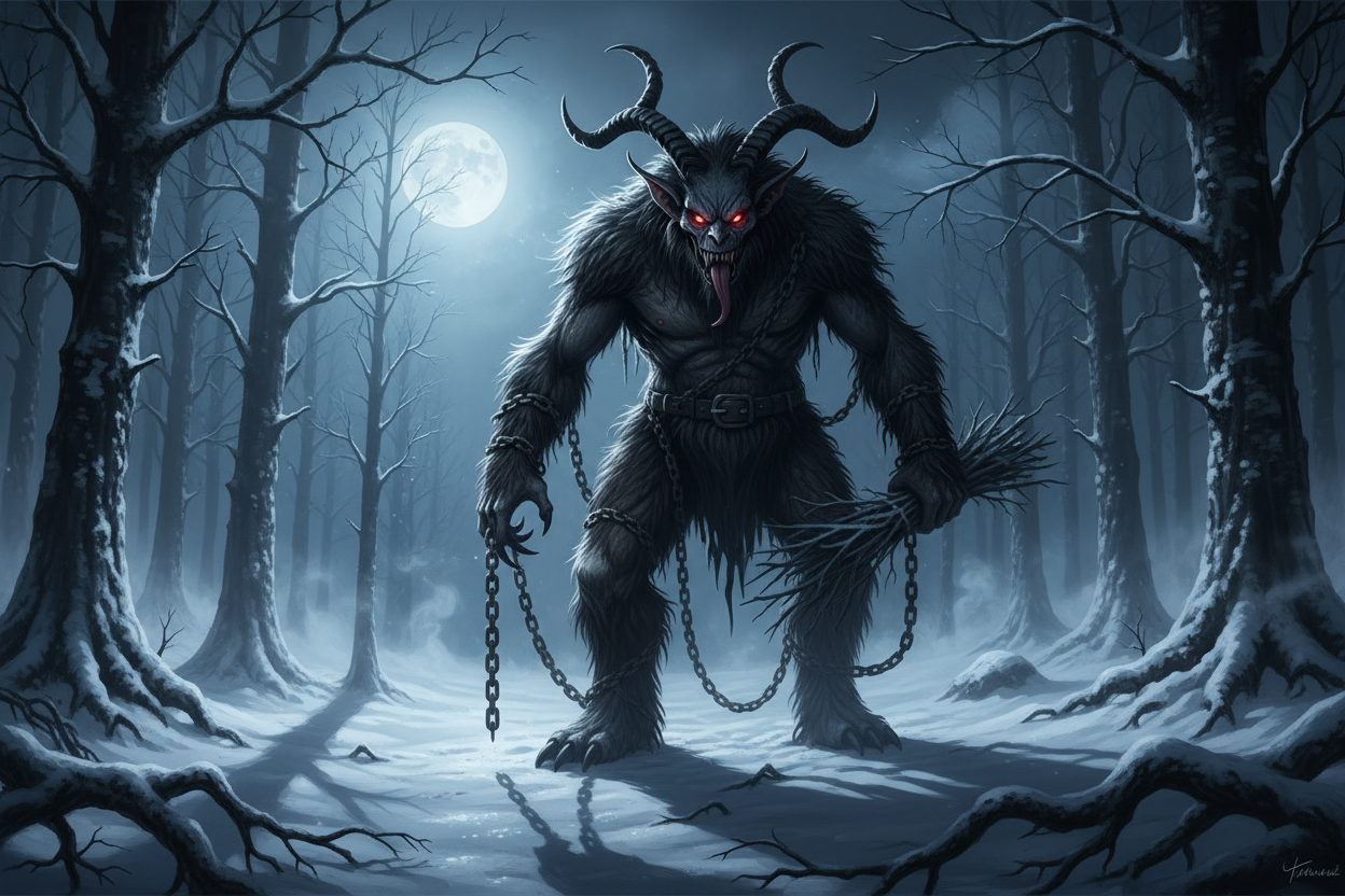 krampus the dark enforcer, in the snowy woods at night