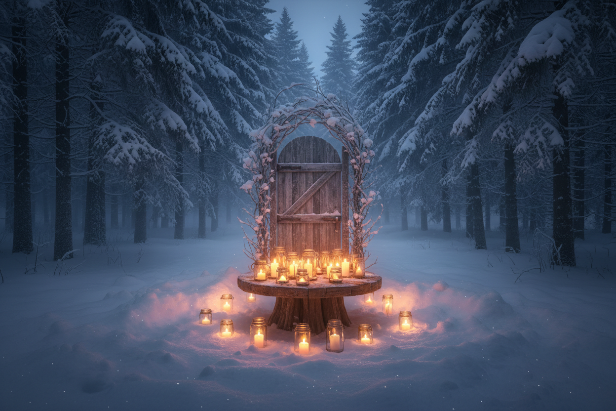 winter forest, door in center, candles on table, glow in snow